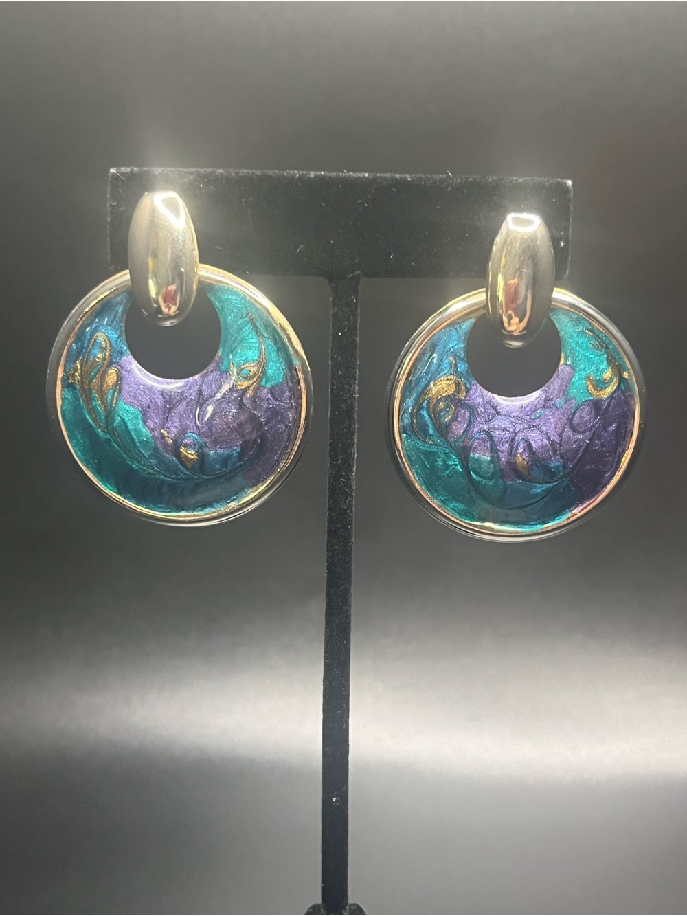 Gold-Tone Round Drop Earrings with Teal & Purple Enamel. Light weight 80s-90s